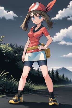 ((masterpiece, best quality, extremely detailed, )),  masterpiece, best quality, looking at viewer, murata yuusuke Style\(style\), {big milkers} (full body), masterpiece, best quality, highres, 1girl, may (pokemon), red shirt, short sleeves, smile, red bandana, yellow fanny pack, white skirt, bike shorts under skirt,