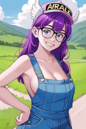 masterpiece, best quality, ultra-detailed, 8k, (detailed background, complex background:1.2), (perfect face, detailed face), arale, blue eyes, long hair, purple hair, wing hat, wing cap, blue overalls, wears black-rimmed glasses, no-bra, medium breasts, collarbone, cleavage, side boob, shiny skin, arched back, hands on hip, smile, looking at viewer, dirt road, sky, cloud,, rural village background, 