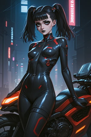 score_9, score_8_up, score_7_up, score_6_up, source_anime, masterpiece, newest,
1 girl, solo, skinny, bodysuit, grinning, Colored eyelashes, cyberpunk, at night, motorbike, futuristic, black hair, twin tails, piercings goth makeup, dark background. faded