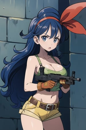 ((masterpiece, best quality, extremely detailed, )) {big milkers} (full body),  1girl, solo, breasts, lunchdb-good, blue hair, curly hair, breasts, big breasts, cleavage, blue eyes, red headband, shorts, yellow tank top, shy eyes, scared 0.5, shy face, open mouth, cleavage, long hair, looking at viewer, gloves, navel, fingerless gloves, blue eyes, abdomen, green crop top, headband, yellow shorts, belt, bare shoulders, collarbone, camisole, ribbon, shirt, red headband, stomach, red ribbon , holding an AK44, machine gun{{illustration}} {best quality}, {{hi res}}, {White background}