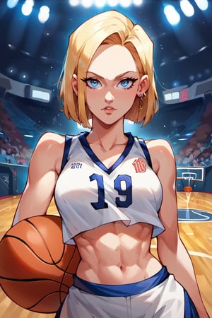 score_9, score_8, score_7, 1girl, (Android 18:0.7), bob cut, golden hair, hair center split, blue eyes, basketball Jersey, (sharp eyes, eyelashes, ear piercing), fit, abs, basketball stadium, crowded, camera flashes,