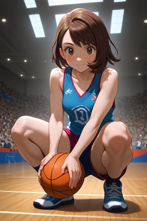 score_9, score_8_up, score_8,newest,BREAK,1girl,solo,Cpokemongloria, brown eyes, brown hair, medium hair,basketball uniform,smile,looking at viewer,perfect hands,squatting,holding basketball,Olympics,crowded, attractive image