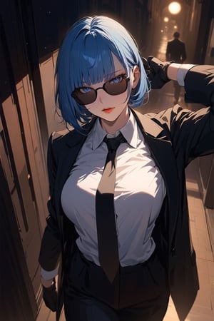 ((masterpiece, best quality, highres:1.2)), perfect face, looking at viewer, niji6, more detail XL, 1girl, solo, looking at viewer, blue hair, bob haircut, bangs, blue eyes, ((black sunglasses:1.1)), (black_glove), white shirt, collared_shirt, black necktie, black pants, black jacket, female agent, one arm up, indoors, ((dark hallway)), walking, [red lips], cold expression, extremely detailed illustration, 8k, high aesthetic, bokeh, windows, night, dropped shadow,eternum style