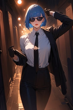 ((masterpiece, best quality, highres:1.2)), perfect face, looking at viewer, niji6, more detail XL, 1girl, solo, looking at viewer, blue hair, bob haircut, bangs, blue eyes, ((black sunglasses:1.1)), (black_glove), white shirt, collared_shirt, black necktie, black pants, black jacket, female agent, one arm up, indoors, ((dark hallway)), walking, [red lips], cold expression, extremely detailed illustration, 8k, high aesthetic, bokeh, windows, night, dropped shadow,eternum style