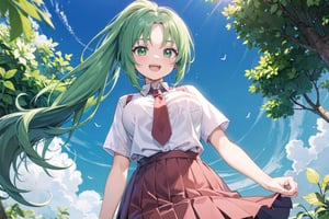 ((masterpiece)),(best quality),official art,extremely detailed CG,unity 8k wallpaper,ultra detailed,beautiful detailed eyes,extremely detailed face,1girl,looking at viewer,facing viewer,:d,sonozaki mion,long hair,green hair,high ponytail,parted bangs,green eyes,open mouth,yellow vest,cropped vest,open clothes,collared shirt,red necktie,white shirt,short sleeves,large breasts,tight,red skirt,long skirt,white socks,loafers,lora:Sonozaki Mion(hnnk),garden,(from below:1.2)