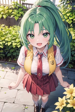 ((masterpiece)),(best quality),official art,extremely detailed CG,unity 8k wallpaper,ultra detailed,beautiful detailed eyes,extremely detailed face,1girl,looking at viewer,facing viewer,:d,sonozaki mion,long hair,green hair,high ponytail,parted bangs,green eyes,open mouth,yellow vest,cropped vest,open clothes,collared shirt,red necktie,white shirt,short sleeves,large breasts,tight,red skirt,long skirt,white socks,loafers,lora:Sonozaki Mion(hnnk),garden,,(from above:1.1)