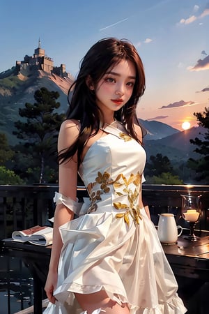 best quality,masterpiece, brown hair, long hair,  wearing white soft fabric fantasy dress, sexy attire,Peuung, mountain, sunset, ,UxeOverlay