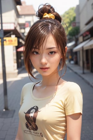 masterpiece, best quality, 1girl, solo,  ponytail, t-shirt, head to waist bodyshot, happy, outdoors, street, lamppost, hair bow, (pretty girl:1.2), realistic, raw photo, low key, illustration, small eyes, (yellow brown hair:1.3),photorealistic, 21 years old female, ,HKFace