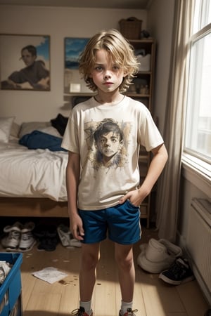 Preteen boy, messy blond hair style, wearing a t-shirt and  80s style shorts, sneakers, arrogant expression on his face, sassy, cheeky,standing in a defiant pose in his messy bedroom. The artwork captures the essence of the entitled and defiant attitude of this character. Inspired by the works of Norman Rockwell