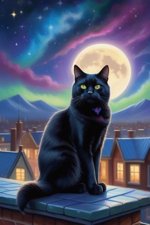 A majestic black cat sitting on a rooftop at night, surrounded by stars and a full moon, colorful aurora borealis in the background, realistic painting style inspired by Thomas Kinkade and Bob Ross. The cat's fur is highly detailed with intricate patterns and textures, while the city skyline below is blurred to give focus to the beautiful night sky. (Long shot)