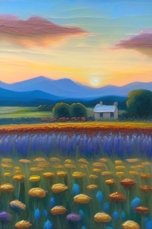  A breathtaking oil painting of a field filled with colorful flowers, illuminated by the warm glow of sunset. The intricate details and vibrant colors bring the scene to life, reminiscent of the works of Vincent Van Gogh and Claude Monet. The use of thick brushstrokes adds depth and texture to the piece, creating a stunningly realistic portrayal of nature's beauty. This masterpiece is sure to captivate viewers with its skilled composition and skillful use of light and color.,artistic oil painting stick