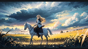  (1girl, solo), (white horse), blonde hair,long hair,wavy gair,cornfield, tree, distant storms, dark clouds, tornado,(mid shot, panorama,depth of field),full body,backlight