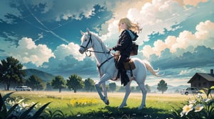  (1girl, solo), (white horse), blonde hair,long hair,wavy gair,cornfield, tree, distant storms, dark clouds, tornado,(mid shot, panorama,depth of field),full body,backlight