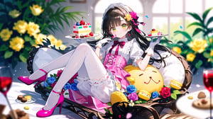 1girl, bloomers, blue_rose, blurry, blurry_background, blurry_foreground, cake, candy, checkerboard_cookie, coin, cookie, cup, depth_of_field, dress, eyebrows_visible_through_hair, flower, food, frills, fruit, gloves, green_dress, high_heels, kneehighs, long_hair, looking_at_viewer, macaron, motion_blur, pink_rose, puffy_short_sleeves, puffy_sleeves, red_rose, rose, shoes, smile, teacup, underwear, white_flower, white_gloves, white_legwear, white_rose, yellow_eyes, yellow_flower, yellow_rose, colors