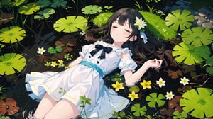 1girl, black_hair, bow, closed_eyes, dress, flower, grass, hair_bow, ladybug, leaf, lily_\(flower\), lily_of_the_valley, lily_pad, long_hair, lotus, moss, plant, short_sleeves, sleeping, solo, water, water_drop, white_bow, white_dress, white_flower, colors