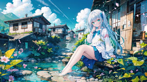 Best Quality, Super High Resolution, a girl (full body photo,) outdoors, white clothes, blue skirt, JK uniform, uniform, full chest, long legs, long hair fluttering, cherry blossom background, blue sky, White Clouds, breeze, turn your face sideways and look to the side, tutututu, lvshui-green dress, jiqing, babata, colors