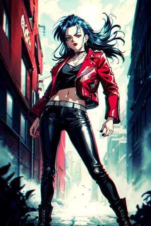 a full-body, high-resolution anime style of a rebellious female punk rocker with 80s-style gothic hair, intense red lips, leather jacket, and tight leather pants, inspired by the works of Yoshiaki Kawajiri, vibrant and edgy, with dramatic lighting and dynamic composition,90s,Retro,more detail XL,gotohdef