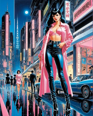 ((masterpiece)), ((best quality)), (masterpiece, highest quality), (masterpiece), Flat-colored still of comic book illustration of gothic Black jeans and pink jacket ,sexy girl with black hair blue eyes and , in the background Japanese city at night,next to a  shop., clear art style by Hajime Sorayama and Syd Mead