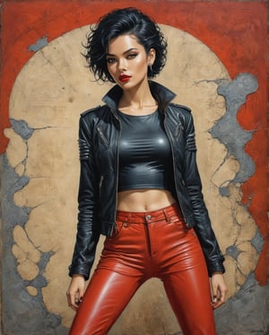 Pop surrealist,  painting inspired by Michael Cheval, Jacek Yerka and Gabriel Pacheco showing a Art Style by Enki Bilal, Flat-colored still of a photo of a a full-body, high-resolution anime style of a rebellious teenage female punk rocker with short curly black hair, thin face, intense red lips, leather jacket, and tight leather pants, inspired by the works of Yoshiaki Kawajiri, vibrant and edgy, with dramatic lighting and dynamic composition.,... anime girl from a 80s Anime portrayed by hajime sorayama, looking away from the viewer, solemn expression