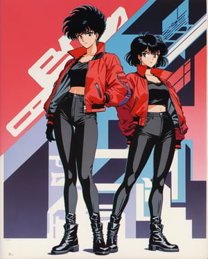 80s anime style, flat colors, key visual, vibrant, studio anime, highly detailedamano yoshitaka, a full-body, high-resolution anime style of A woman with black pixie cut hair, dressed in black tights, black boots, black crop top, and red leather jacket