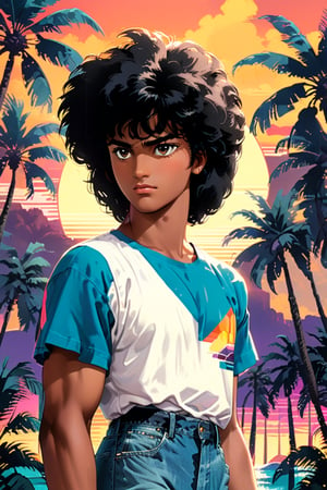 (Masterpiece, best quality), 1boy (Extreamly handsome, dark tan skin, 1980s fahion and style), Sunset behind him, palm trees, looking at viewer, contrast, 1980's aesthetic, ultra high texture, high quality, Puffy black hair, photorealistic, hyperdetailed, sharp focus, HDL, 64 megapixels, 8K resolution concept art, smooth, sharp focus, illustration, rich deep colors.,hongkong 80s,xxmixgirl,more detail XL,aw0k euphoric style,vprwve_wnchlora,vapor_graphic