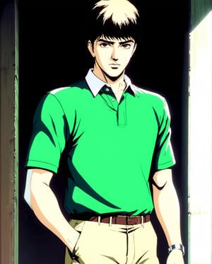 ((masterpiece)), ((best quality)), (masterpiece, highest quality), (masterpiece), Flat-colored still of (((masterpiece))), (((highest quality))), ((Very detailed)), masutepiece, Best Quality, one very handsome male named Omar, olive skin color, short haircut, dark hair, brown eyes, wearing beige chino pants, and a green polo shirt., depth of field, art style by Yoshiaki Kawajiri.