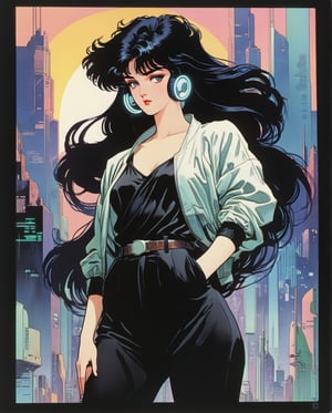 (Dark Fantasy:1), (80s Style), (Sci-Fi), (Noise Effect:1.3), (VHS Grain Effect:1.2) ,80s anime style, flat colors, key visual, vibrant, studio anime, highly detailedو amano yoshitaka, a full-body, high-resolution anime style of a Woman alone, Saudi Arabian woman, 8k, absurd res, ((wide eyes: 1.4)), flawless face, (crisp black deco style formal business clothing), 1woman, alone, natural body, full body image, 8k, masterpiece, highly detailed, (detailed hazel eyes), expressive detailed eyes, light brown tanned skin, ((symmetrical eyes)), detailed pupils, realistic skin, some freckles, realistic skin texture, ((small chest: 1.3)), analog style, (chin length hair), ((dark hair: 1.5)), deco cyberpunk setting, entire head and body image, ((her entire head and body must be in view)), perfect anatomy, anatomically correct, ((pale skin)), ((wearing flat boots: 1.3)) ((black blouse)), ((black pants)), (jacket), ((deco-futuristic, cyberpunk))