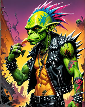 A rebellious goblin clad in edgy punk rock clothing, showcasing intricate details in spiked studs and tattered leather. The character is depicted in a poster design created in the vibrant and imaginative art style of Moebius. The image radiates with raw energy, from the goblin's wild, colorful hair to the intricate tattoos covering their arms. Each element is brought to life with precision and skill, immersing the viewer in a world of rebellious creativity and attitude. This high-quality artwork captures the essence of punk rock in a visually striking and engaging way.