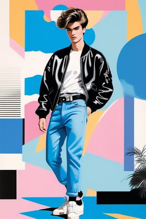 A stunningly handsome male teenage fashion model in the prime of his 1980s glory, exuding an air of confidence and style that is simply irresistible. Dressed in the height of fashion for the era, he wears a white t-shirt, a black leather jacket that highlights his toned physique and broad shoulders, paired with a pair of blue denim jeans. His outfit is accessorized with a thick, black belt and a pair of chunky white sneakers. His hair is styled into a casual, messy mop that falls across his forehead, perfectly framing his striking features. The model is positioned against a vibrant, abstract background, which adds a touch of artistic flair to the photo. His body language is impeccable; he leans slightly forward, one hand resting casually on his hip, while the other is tucked into his pants pocket, exuding a carefree yet confident attitude. His gaze is directed straight ahead, meeting the viewer's eye with an unapologetic swagger that is nothing short of magnetic. The lighting is soft and flattering, emphasizing his features while creating a sense of depth and dimension in the image. This masterfully crafted photograph captures the essence of 1980s teenage fashion and the enduring allure of the era's iconic male fashion models.,N1njaScroll,retro artstyle,more detail XL,chinese ink drawing,vaporwave style,vapor_graphic