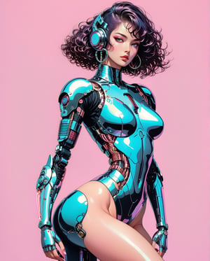 Art style by Noriyoshi Ohrai, Art style by Moebius Jean Giraud,  futuristic synthwave, circular, vector logo sticker, masterpiece, sleeve pulp style, flat shading, solid background color, t-shirt design

Chrome Female Cyborg in a Dynamic Pose
A sleek female cyborg with a highly reflective chrome finish, inspired by Hajime Sorayama’s smooth, sensual metallic aesthetic. Her joints and limbs are designed with precise curvature, with intricate mechanical details visible at the elbows and knees. She stands with one leg bent and a hand resting on her hip, exuding confidence. The background is a simple gradient of soft pastel pink, emphasizing her figure.