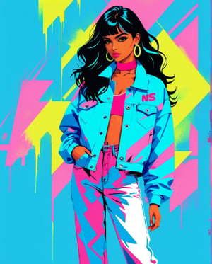  (fashion illustration:1.3) Haute couture, no particular features, of (graffiti urban style fashion: 1.3) in the style of Izumi Kogahara ||, (long shot: 1.2) (frutiger style:1.3), (colorful:1.3), (2004 aesthetics:1.2). X, swirls, \(symbol\), (gradient background:1.3). Saturated colors, tonal transitions, detailed, minimalistic, concept art, intricate detail, World character design, high-energy, concept art, Masterpiece, Fashion Illustration,iconic, PoP art,more detail XL, intricate colors blend, photorealism, leonardo, artint, sweetscape, ink ,score_9

Y2K Denim Diva
A Saudi Arabian girl with sleek black hair and deep hazel eyes, wearing a light blue cropped denim jacket over a pink halter top, paired with low-rise jeans and platform sneakers. She poses confidently, with one hand on her hip, framed by vaporwave elements like neon grid patterns faintly reflected behind her. The white background highlights the soft pastel hues.