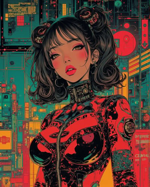 Art style by Noriyoshi Ohrai, Hajime Sorayama, Hiroshi Nagai, (Masterpiece, Top Quality, Super Deatail, High Resolution, Best Illustration), illust、art、from 80s horror movie, directed by Junji Ito、mad scientist、grandiose paranoia、high detail, realsitic shadow、Analog style, vhs style, 8mm film, chromatic aberration, Dvd screengrab、Complementary color gradient, (Dark Fantasy:1), (80s Style), (Sci-Fi), (Noise Effect:1.3), (VHS Grain Effect:1.2) A captivating retro-futuristic poster featuring a bold and stylish retropunk girl, brilliantly designed by the talented trio of Rebecca Sugar, Charles Burns, and Dan McPharlin. The girl dons a vibrant red and sky black outfit, wide outfit, adorned with intricate patterns and futuristic gadgets. Her hair bun is a stunning mix of colors, blending seamlessly with the background of a futuristic cityscape. The overall atmosphere of the poster is a blend of nostalgia and innovation, with a touch of vintage charm.