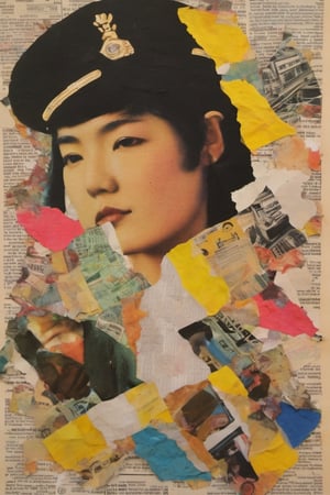 torn paper collage, patchwork collage, newspaper print collage, dadaism, bosozoku, cassette futurism, VHS effect distorted