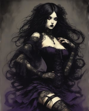 1990s (style), in the style of nicola samori, detailed 8k horror artwork,  ; by Dave McKean :: Klimt :: Alice Rahon

Gothic Lolita Rebel
An anime girl with long, straight black hair, wearing a black lace dress with a corset, thigh-high stockings, and combat boots. She has a spiked choker around her neck and dark eye makeup, striking a fierce pose with one hand on her hip and the other adjusting her lace gloves. The background is a dark purple gradient.