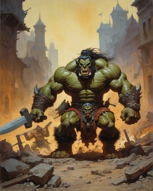 A ferocious Ork Berserker, fueled by boredom and fueled by chaos, wreaks havoc in a bustling town. This painting, inspired by Frank Frazetta and Moebius, depicts the scene with vivid colors and dynamic energy. The Berserker is depicted with muscles bulging, eyes wild, and weapons raised in a frenzied state. The intricate details and intense action of the image draw viewers in, showcasing the skill and talent of the artists in capturing the intense moment of destruction with breathtaking realism.