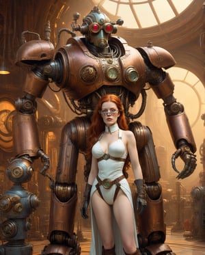 In a lavishly appointed laboratory, a woman with flowing auburn hair and steampunk goggles stands proudly next to a towering robot. The woman's attire is a mix of Victorian fashion and mechanical elements, blending elegance with invention. This dynamic scene is depicted in a stunning digital painting that captures the futuristic retro style of Frank Frazetta and the intricate detail of Moebius. Rich colors and intricate textures bring this sci-fi tableau to life, inviting viewers to marvel at the intricate world these two artists have brought to life.