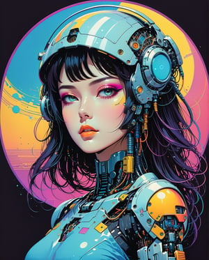 Art style by Noriyoshi Ohrai, Art style by Moebius Jean Giraud, Robot android female futuristic synthwave, circular, vector logo sticker, masterpiece, sleeve pulp style, flat shading, solid background color, t-shirt design