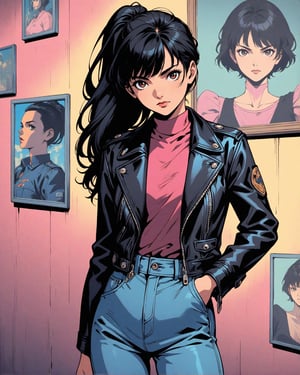 (masterpiece, best quality, highly detailed, ultra-detailed, intricate), illustration, pastel colors, offcial art,

Araki Hirohiko style, (best qualityer, work of art), 1 girl, 1980s \(styled\), gazing at viewer, Poster \(styled\), A mysteriously beguiling cyberpunk woman, her smooth black hair falls in a sleek cascade framing striking brown eyes, accentuated by a set of bold bangs. Clad in a stylish leather jacket over a vibrant pink t-shirt and light blue denim jeans, she exudes an air of retro-futuristic coolness. The 80's cyberpunk background serves as a perfect complement to her edgy aesthetic. This captivating portrait, whether a painting or photograph, is rich in detail, capturing every nuance of her enigmatic allure with extraordinary precision and artistry..,... anime girl from a 80s Anime portrayed by hajime sorayama, looking away from the viewer, solemn expression