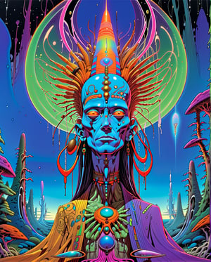 Moebius (Jean Giraud) Style - A spectacular composition by Jean Giraud Moebius, ((masterpiece)), ((best quality)), (highest quality masterpiece), (masterpiece), (masterpiece, best quality), in a futuristic theme. An awe-inspiring illustration of an alien shaman performing a ritual, digital art, featuring rainbow colors, detailed ceremonial attire, and a mystical forest in the background. Sleek, modern, ultramodern, high-tech elements with glowing tattoos. PsyAI, Psychedelic, Visionary art, DMT, and LSD style by Moebius.