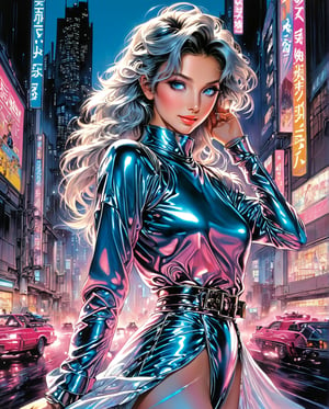 Art style by Noriyoshi Ohrai, Hajime Sorayama, Hiroshi Nagai, (Masterpiece, Top Quality, Super Deatail, High Resolution, Best Illustration), (80's, retro, city pop poster:1.5), (album cover), Elf princess girl, wearing urban clothes, (masterpiece, best quality), (anime, illustration), (pastel colors:1.4), best photo pose, dynamic angle, girl, alone, smile, eyes with perfect details, delicate face, blue eyes, high fashion,