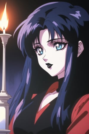 portrait of a beautiful gothic woman wearing an intrincated goth attire, pale white skin, long smooth black hair, dark smoky eye make-up, eyes piercing through the obscurity, black lipstick contrasting with her fair complexion, candle lit dark room,1980's anime, 1990's anime, Style of Yoshiaki Kawajiri,Retro