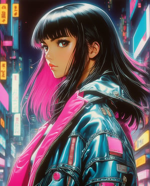 A mysteriously beguiling cyberpunk woman, her smooth black hair falls in a sleek cascade framing striking brown eyes, accentuated by a set of bold bangs. Clad in a stylish leather jacket over a vibrant pink t-shirt and light blue denim jeans, she exudes an air of retro-futuristic coolness. The 80's cyberpunk background serves as a perfect complement to her edgy aesthetic. This captivating portrait, whether a painting or photograph, is rich in detail, capturing every nuance of her enigmatic allure with extraordinary precision and artistry..,, by Ayami Kojima