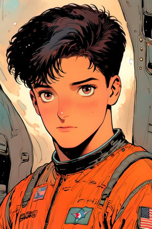 one Male Astronaut named Romeo, Fair skin color, Short haircut, Dark hair, Brown eyes, and a body-tight black leather spacesuit