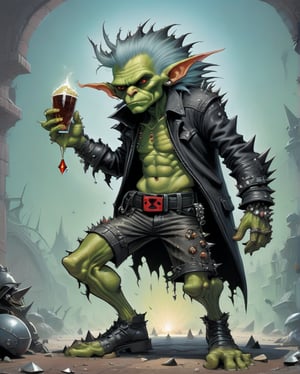 A rebellious goblin clad in edgy punk rock clothing, showcasing intricate details in spiked studs and tattered leather. The character is depicted in a poster design created in the vibrant and imaginative art style of Moebius. The image radiates with raw energy, from the goblin's wild, colorful hair to the intricate tattoos covering their arms. Each element is brought to life with precision and skill, immersing the viewer in a world of rebellious creativity and attitude. This high-quality artwork captures the essence of punk rock in a visually striking and engaging way.