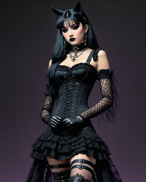  (Dark Fantasy:1), (80s Style), (Sci-Fi), (Noise Effect:1.3), (VHS Grain Effect:1.2) Gothic Lolita Rebel An anime girl with long, straight black hair, wearing a black lace dress with a corset, thigh-high stockings, and combat boots. She has a spiked choker around her neck and dark eye makeup, striking a fierce pose with one hand on her hip and the other adjusting her lace gloves. The background is a dark purple gradient.