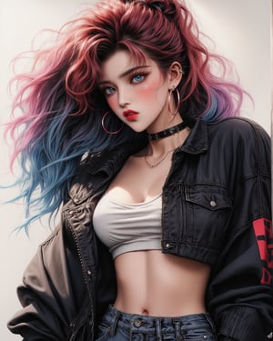Holo-Punk Style, 1girl, black choker, black hair, black jacket, blue eyes, blush, choker, crop top, ear piercing, earrings, hoop earrings, jacket, jewelry, leather, leather jacket, lips, long hair, looking at viewer, makeup, midriff, multicolored hair, navel, necklace, open clothes, open jacket, piercing, ponytail, red hair, simple background, solo, two-tone hair, upper body, white background 