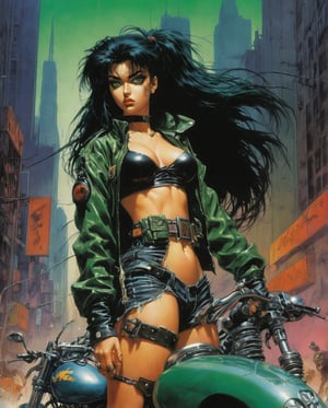 score_9, source_anime, (80s Posters) BOOK OF THE SIMON BISLEY & Frank Frazetta collaboration, art station, BANDE DESSINÉE story transcription, full color,      1990s (style), 1980s (style), retro artstyle, a girl, long black hair, green eyes, wavy hair, biker clothes,  cyberpunk, 2077, best quality, masterpiece.