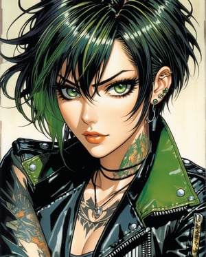 Anime art, one Female Tattoo artist named Eva, with pale skin color, Messy haircut, Jet black hair, Piercing green eyes, a Black leather jacket, and ripped black skinny jeans, art by Masamune Shirow, J.C. Leyendecker