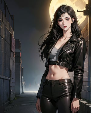 Masterpiece, photorealistic, highly detailed, a young woman with smooth  dark long black hair with bangs and black eyes and black lips, wearing leather jacket and leather pants, standing, looking at camera, in a gloomy smoke filled alley at night with a full moon, , designed by Dave Mckean, 