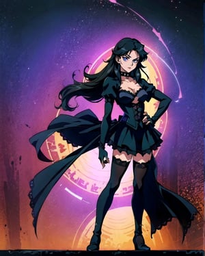 Gothic Lolita Rebel
An anime girl with long, straight black hair, wearing a black lace dress with a corset, thigh-high stockings, and combat boots. She has a spiked choker around her neck and dark eye makeup, striking a fierce pose with one hand on her hip and the other adjusting her lace gloves. The background is a dark purple gradient.